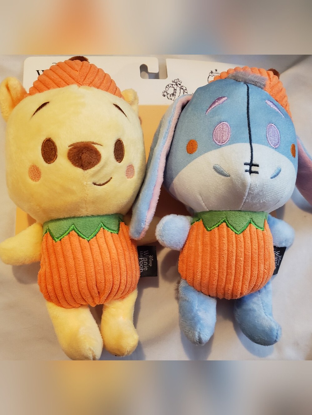 Disney Yellow Winnie the Pooh & Blue Eeyore Dog Toy Duo in Orange Pumpkin Outfit